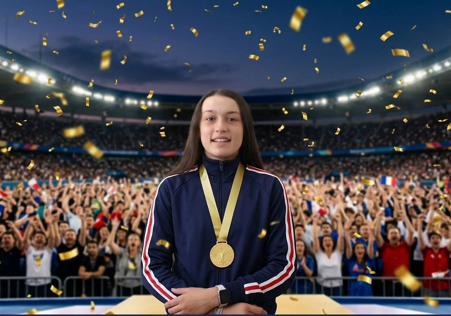 Exemple de thème IA « podium de champion » appliqué à une photo prise au photobooth